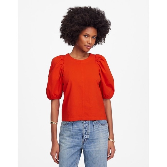 Madewell Puff Sleeve Short Sleeve‎ Crew Neck Tee Orange/Red Medium New With Tags - Picture 2 of 8